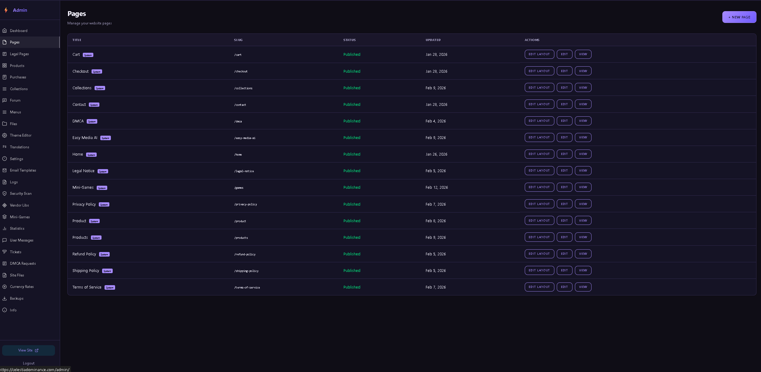 CelestiaDominance website PostgreSQL PHP